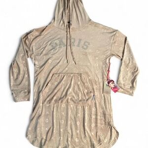 Paris Hilton Hoodie Dress Velour Rhinestone Logo Paris Nude Lounge Size L